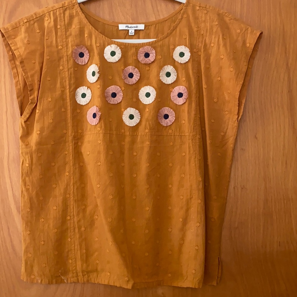 Mustard yellow cap sleeve top with fringe flowers